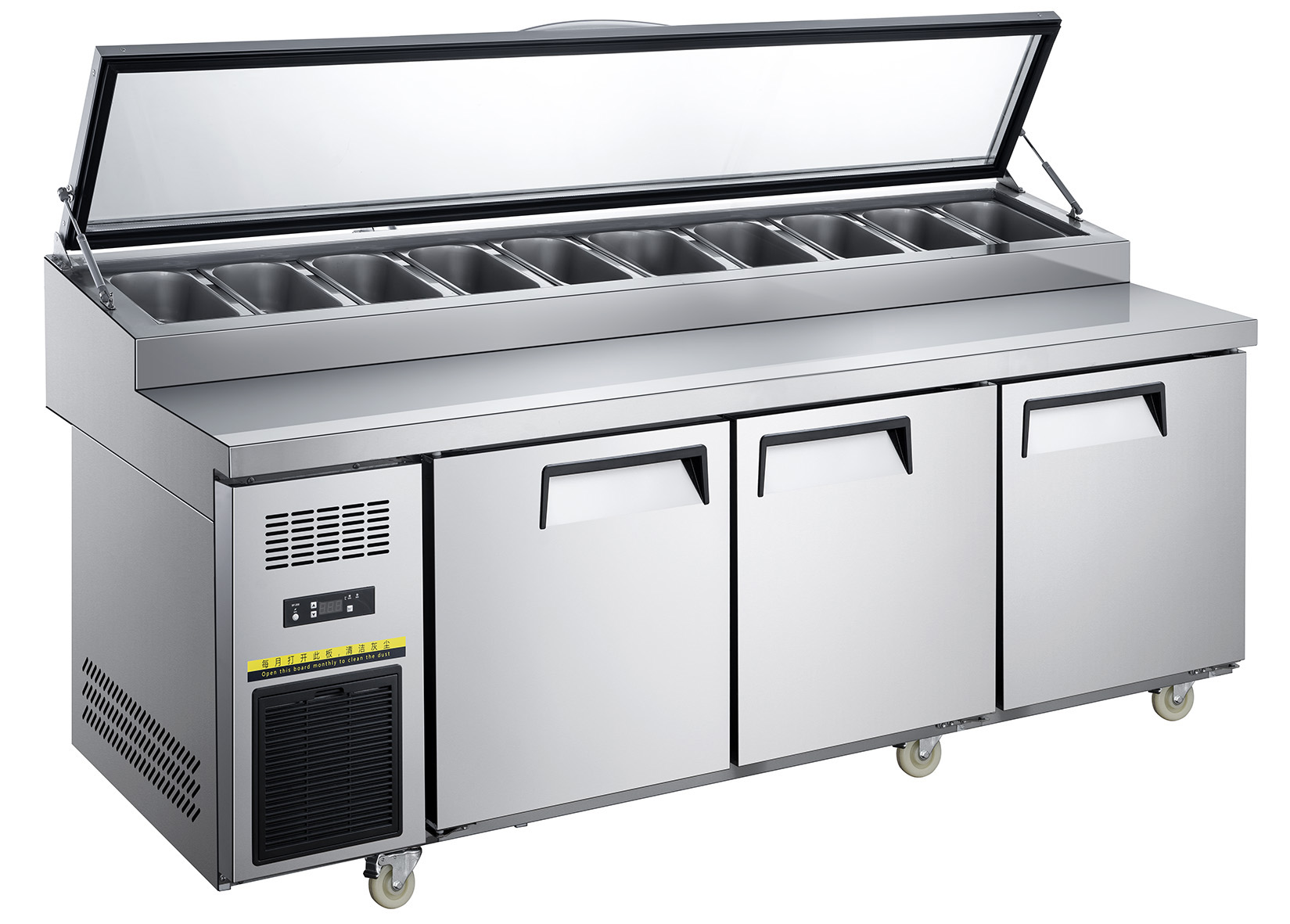 Commercial Pizza Prep Table Refrigerator - 300-780L, 1200-2300mm, Air Cooled with GN Pan Rail for Pizza & Sandwich Prep - Image 2