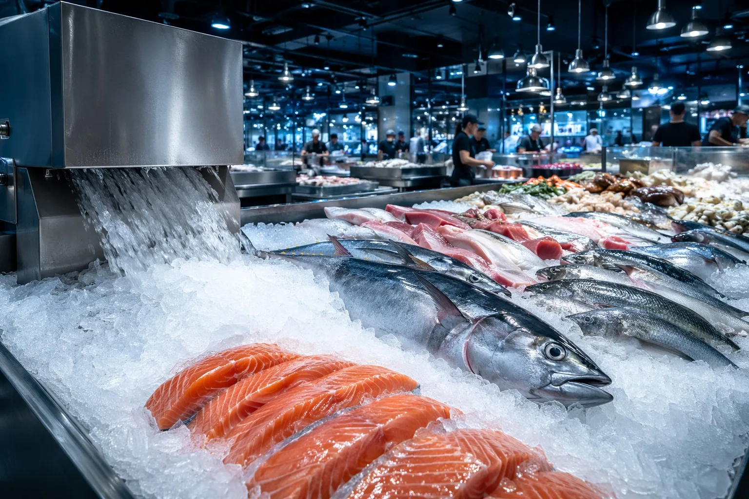 Fresh fish on HuaChill industrial flake ice in a premium market