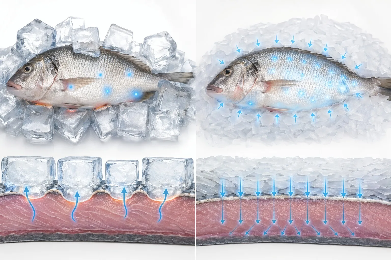 Comparison of industrial flake ice maker vs cube ice for fresh fish