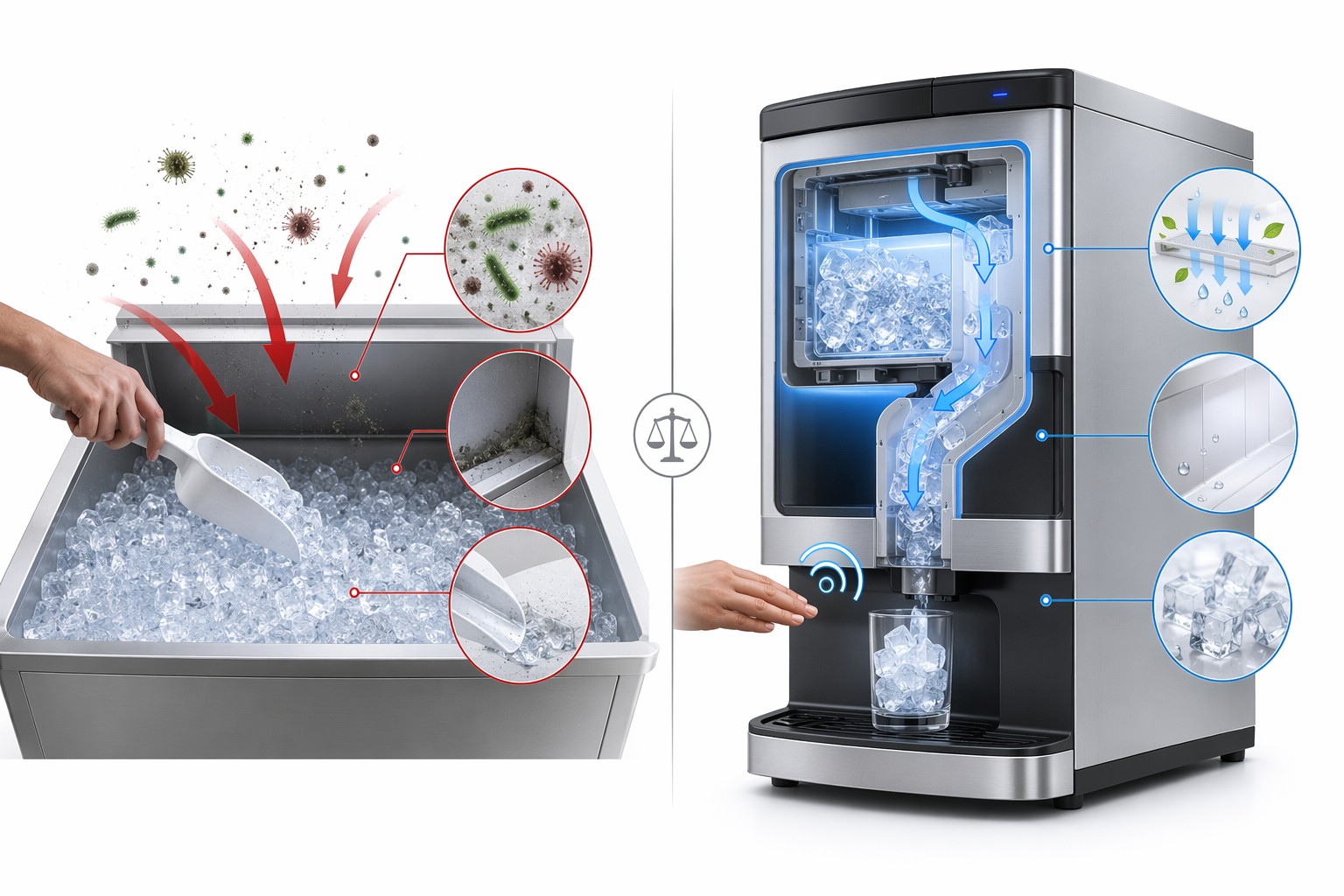 Comparison of open ice bin vs sealed HuaChill ice dispenser hygiene