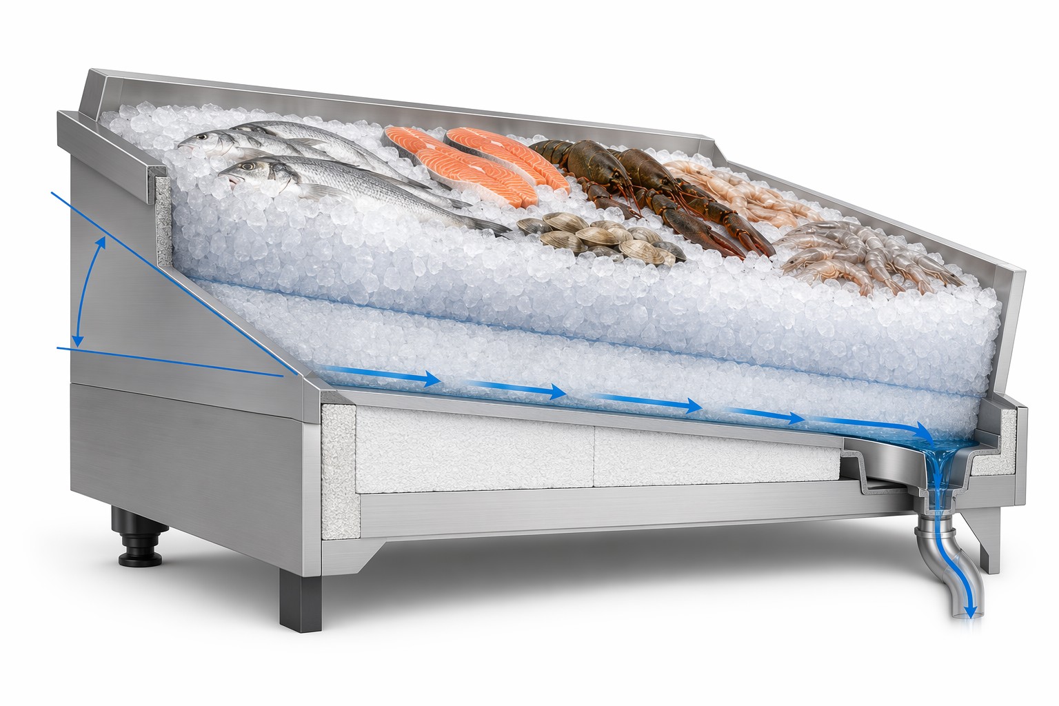 Technical cross-section of a seafood ice bed layers
